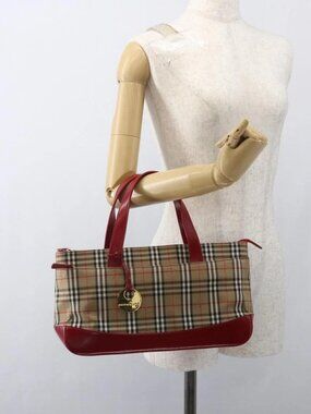 BURBERRY Nova Check Hand Bag Canvas Beige Gold Auth 163933
